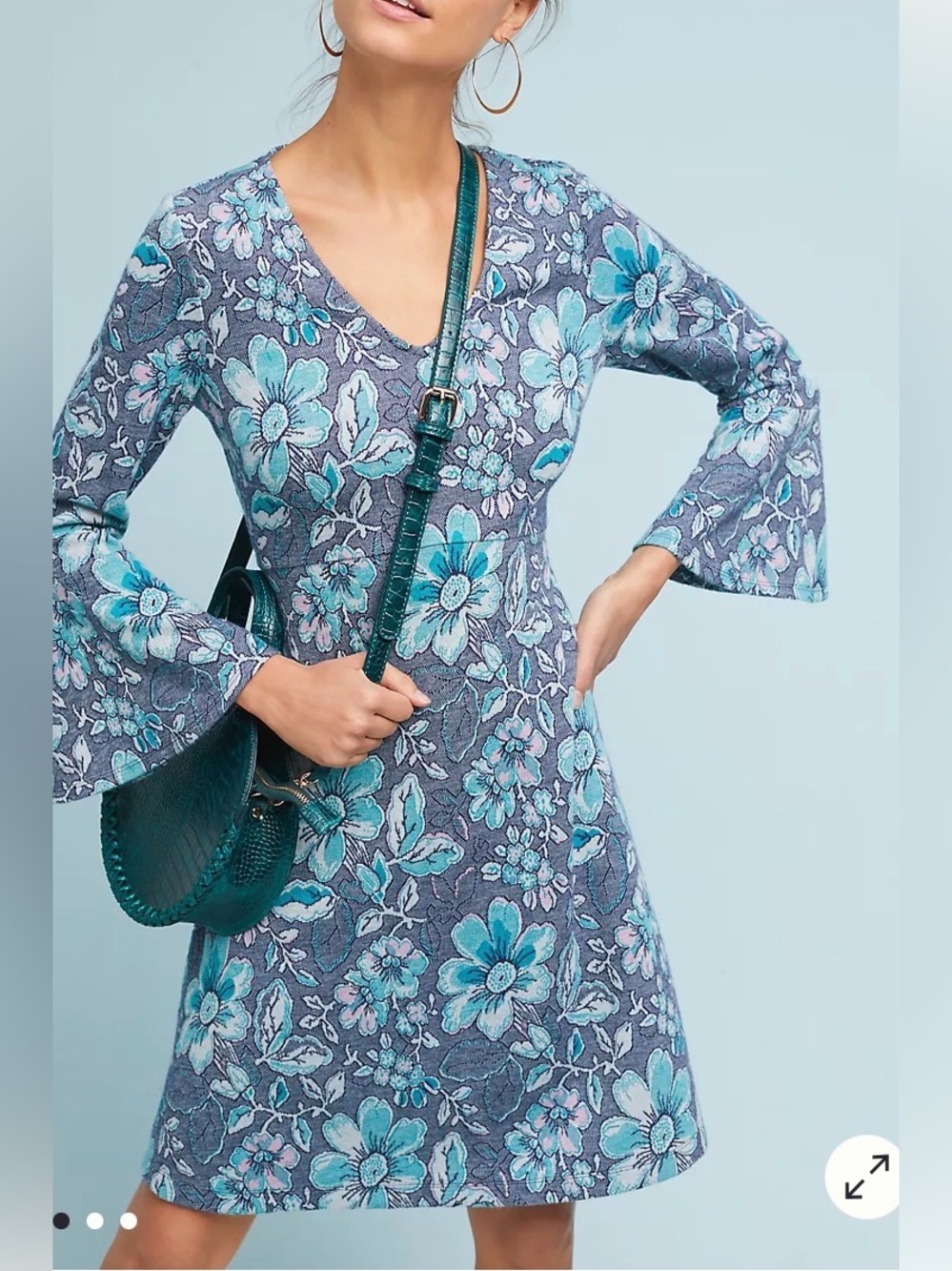Anthropologie Maeve Florence Swing Dress Sz S Blue Floral Bell Sleeve Whimsical